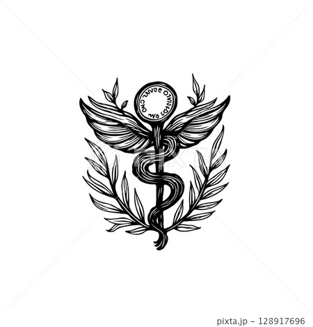 Black and white illustration of caduceus symbol with wings and laurel leaves 128917696