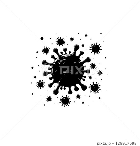 Monochrome depiction of a viral pathogen spreading amidst tiny particles or vectors 128917698