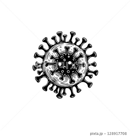 Detailed monochrome illustration of a coronavirus cell representing health concerns Detailed monochrome illustration of a coronavirus cell representing health concerns 128917708