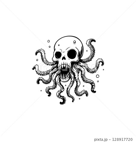 Creepy Ink Drawing of Skull Octopus Hybrid for Halloween and Horror Themes Creepy Ink Drawing of Skull Octopus Hybrid for Halloween and Horror Themes 128917720