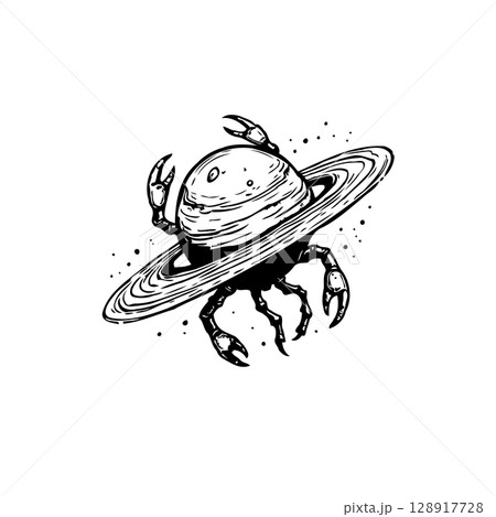 Black and White Zodiac Cancer Illustration Featuring Crab Claws and Planetary Rings Black and White Zodiac Cancer Illustration Featuring Crab Claws and Planetary Rings 128917728