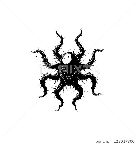 Creepy Skull Octopus Illustration with Thorny Tentacles on a White Background Creepy Skull Octopus Illustration with Thorny Tentacles on a White Background 128917800