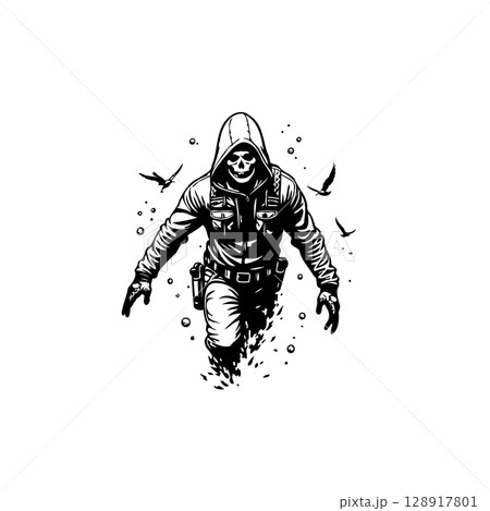 Black and white digital illustration of a hooded figure with a skull face Black and white digital illustration of a hooded figure with a skull face 128917801