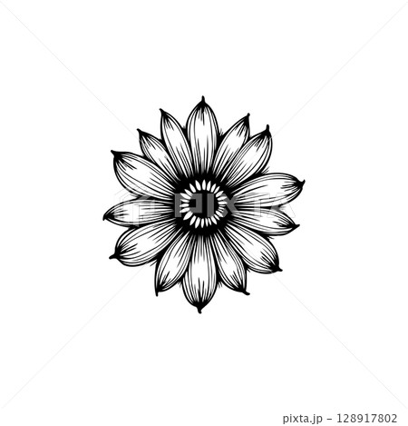 Elegant monochrome floral illustration showcasing detailed flower petals and center Elegant monochrome floral illustration showcasing detailed flower petals and center 128917802