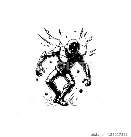 Futuristic Astronaut in Dynamic Pose, Isolated Black and White Sci-Fi Illustration Futuristic Astronaut in Dynamic Pose, Isolated Black and White Sci-Fi Illustration 128917831