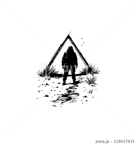 Stylized Silhouette of a Figure in a Triangular Structure against a White Background 128917833