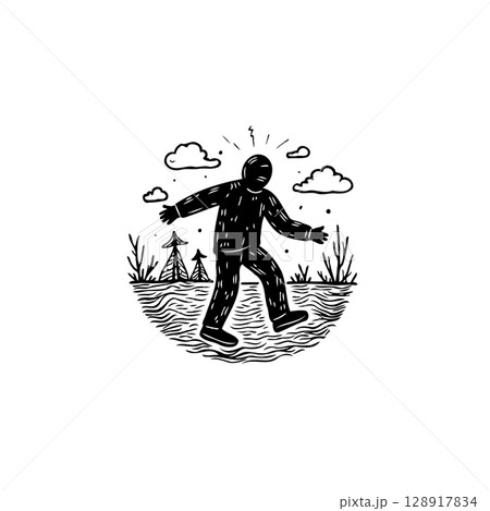 Monochrome illustration of a person walking outdoors amidst nature and a sense of awe 128917834