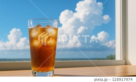 窓辺の麦茶と夏空の静かな時間 128917974