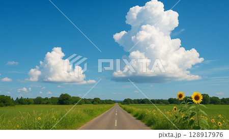 夏の農道と咲くひまわりと青空 夏の農道と咲くひまわりと青空 128917976