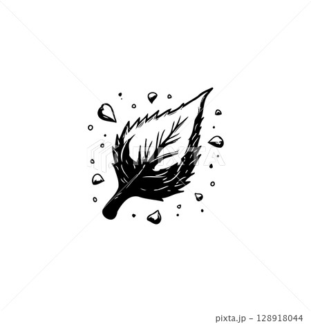 Stylized leaf with water drops, nature element in doodle sketch black and white 128918044