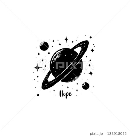 Whimsical depiction of planet Saturn surrounded by celestial stars and the word Hope Whimsical depiction of planet Saturn surrounded by celestial stars and the word Hope 128918053