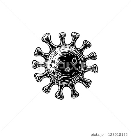 Hand-drawn illustration of a virus particle, representing the COVID-19 pandemic threat 128918153