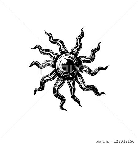 Mystical Sun Illustration: Hand-Drawn Celestial Body with Curving Rays in Black and White 128918156