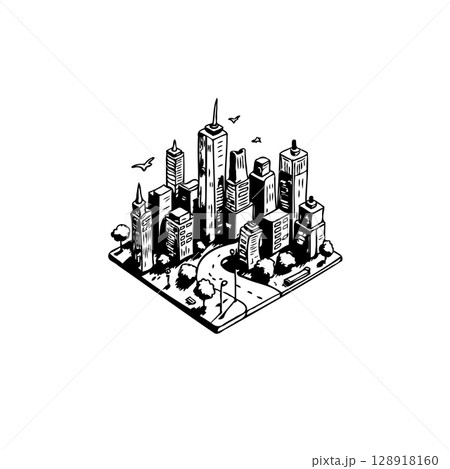 Isometric city skyline drawing showcases intricate architectural details and urban design 128918160