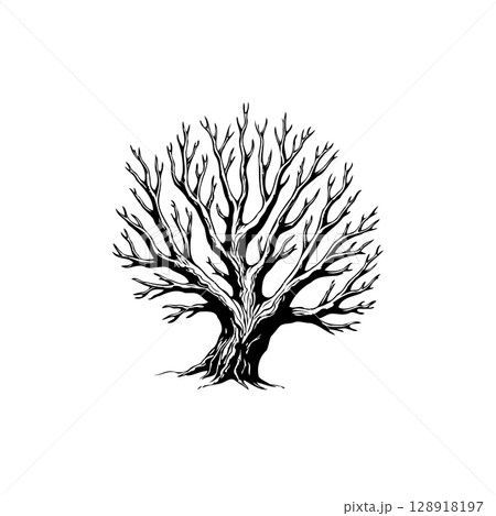 Striking monochrome illustration of a bare tree, representing nature's stark beauty Striking monochrome illustration of a bare tree, representing nature's stark beauty 128918197