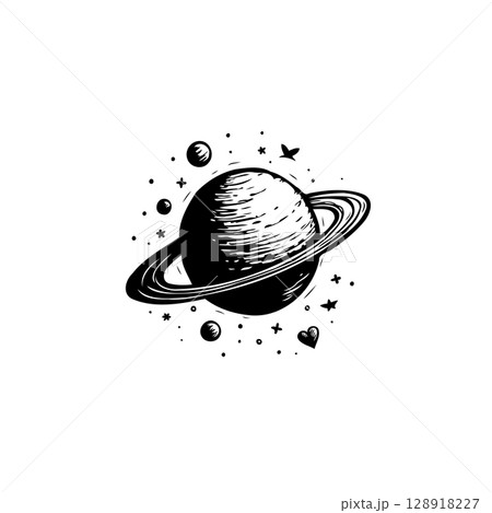 Saturn planet vector illustration with surrounding celestial elements and orbit 128918227