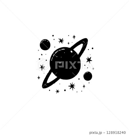 Minimalist Illustration of a Ringed Planet Surrounded by Stars and Smaller Celestial Bodies Minimalist Illustration of a Ringed Planet Surrounded by Stars and Smaller Celestial Bodies 128918240