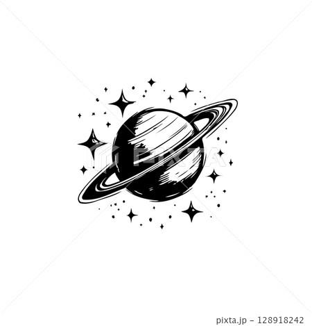 Saturn's ringed beauty: A minimalist cosmic illustration in black and white Saturn's ringed beauty: A minimalist cosmic illustration in black and white 128918242