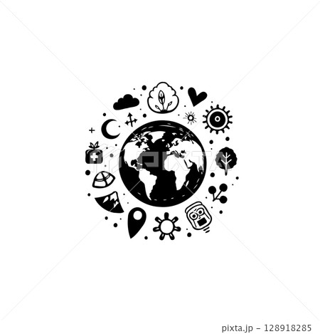 Stylized Earth Surrounded by Environmental and Health Icons in Black and White 128918285