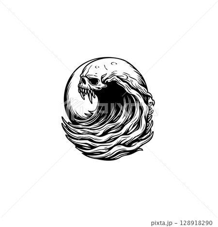 Monochromatic wave with skull fusion, graphic illustration for posters and prints Monochromatic wave with skull fusion, graphic illustration for posters and prints 128918290