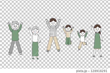 ジャンプする元気な三世代家族 128918291