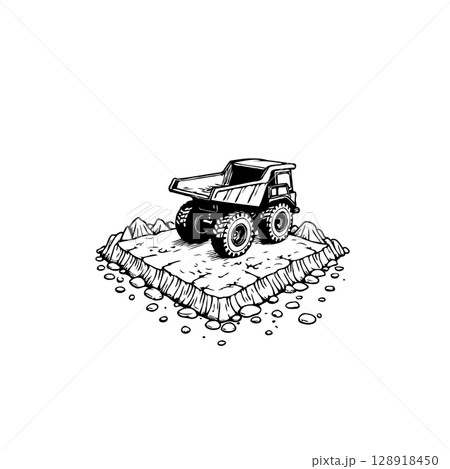 Monochrome Illustration of Heavy-Duty Dump Truck on Rock Surface with Details Monochrome Illustration of Heavy-Duty Dump Truck on Rock Surface with Details 128918450