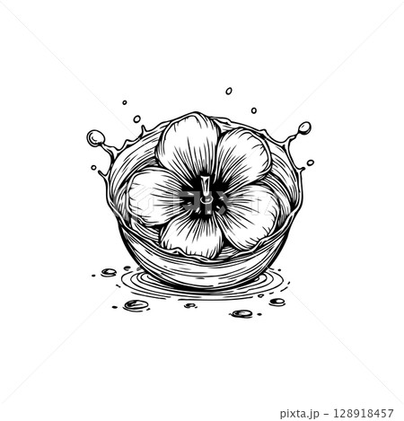Elegant sketch of a flower dropping into water, creating a beautiful splash 128918457