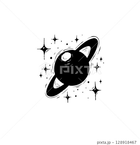 Minimalist Space Illustration: Saturn and Stars in Black and White Aesthetic Design Minimalist Space Illustration: Saturn and Stars in Black and White Aesthetic Design 128918467