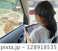 サファリパークで子鹿と見つめ合う女の子 128918535