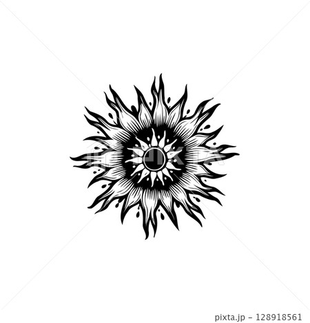 Stylized Sun Tattoo Design in Black and White, Vintage Celestial Icon Art Stylized Sun Tattoo Design in Black and White, Vintage Celestial Icon Art 128918561