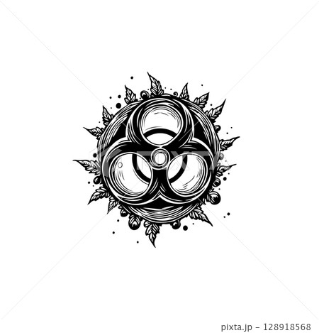 Monochrome illustration of a biohazard symbol surrounded by leaves and dots 128918568