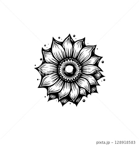 Detailed sunflower illustration in black and white showcasing intricate petal designs 128918583