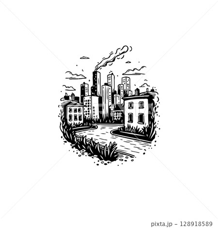 Monochrome cityscape illustration showcasing urban architecture and industrial emissions Monochrome cityscape illustration showcasing urban architecture and industrial emissions 128918589