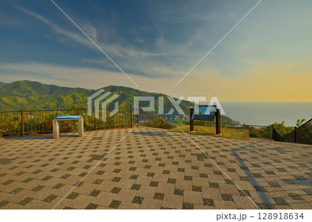 中部地方・伊豆半島・出逢い岬・夕陽の名所、オレンジに彩られた園内の眺め・静岡県沼津市戸田(1) 128918634