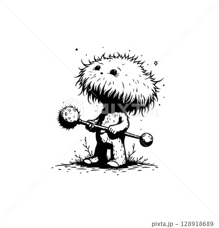 Whimsical furry creature wielding a mace in a cute black and white illustration 128918689