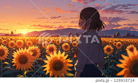 ひまわり畑と女性 128918714