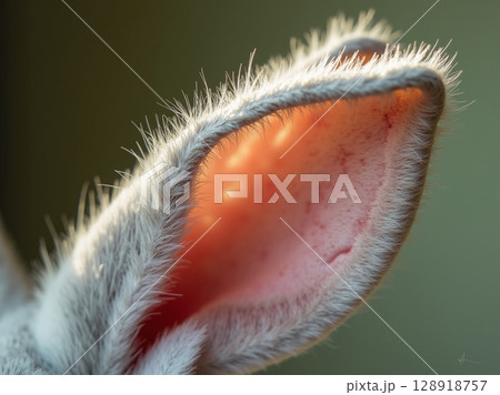 Close-Up of Illuminated Rabbit Ear Highlighting Translucent Skin, Soft Fur, and Capillary Details in Warm Light 128918757