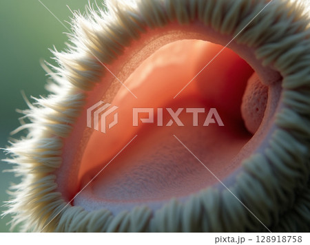 Detailed Macro of Rabbit Ear Interior Showing Translucent Pink Skin, Fine Hairs, and Organic Texture in Warm Light 128918758