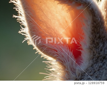 Macro Detail of Translucent Rabbit Ear Backlit by Sunlight Showing Fine Hairs and Internal Texture 128918759