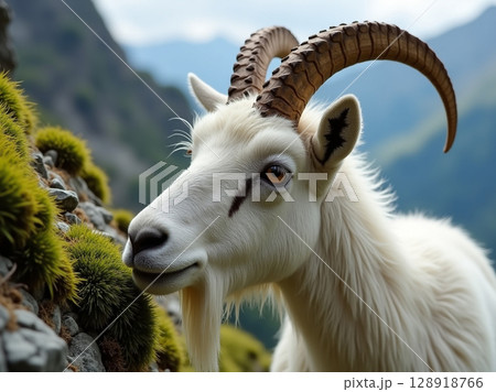 Close-Up of White Goat with Curved Horns and Coarse Fur on Mossy Rock in Cloudy Mountain Terrain 128918766