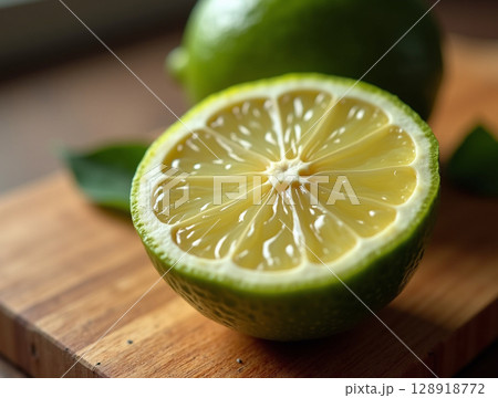 Macro Close-Up of Fresh Cut Lime with Juicy Translucent Pulp and Seeds on Rustic Wooden Kitchen Surface 128918772