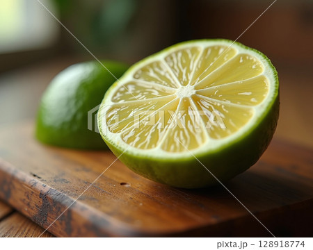 Juicy Cross-Section of Fresh Lime on Rustic Kitchen Wood Surface with Natural Warm Lighting 128918774
