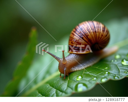 Brown Garden Snail Crawling Across Dewy Leaf with Realistic Macro Texture and Natural Blur Background 128918777