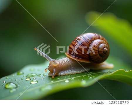 Macro Shot of Garden Snail on Dew-Covered Leaf with Spiraled Shell and Realistic Texture 128918779
