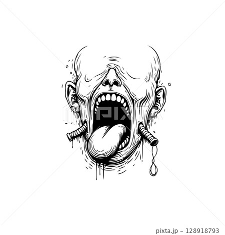 Disturbing surreal illustration of a head with open mouth and protruding tongue Disturbing surreal illustration of a head with open mouth and protruding tongue 128918793