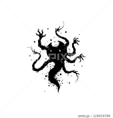 Eerie Black Silhouette: A Creepy Creature with Multiple Limbs and Ominous Eyes 128918799