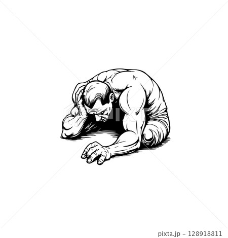 Monochrome illustration depicting a muscular man in distress and in a state of despair 128918811