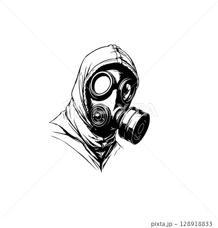 Illustration of a person wearing a gas mask for protection, white background 128918833