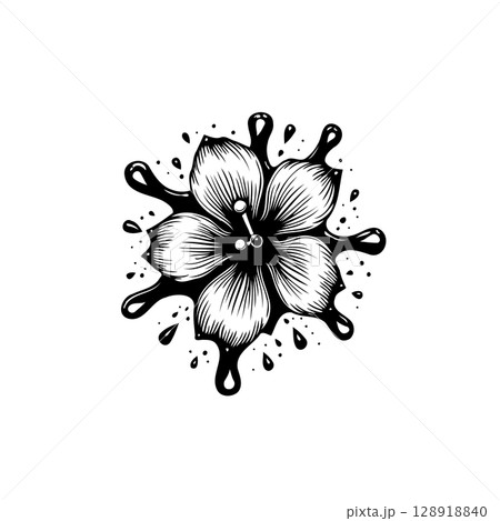 Elegant floral design with ink splashes: A black and white decorative illustration 128918840