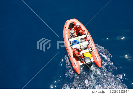 Life boat in gulf or sea to support oil and gas platform, Safety equipment to protect worker when fire case in oil and gas industry, Evacuation equipment in and and gas platform, Safety equipment  128918844